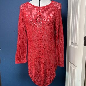JEANNE PIERRE Red Crochet Knit Top